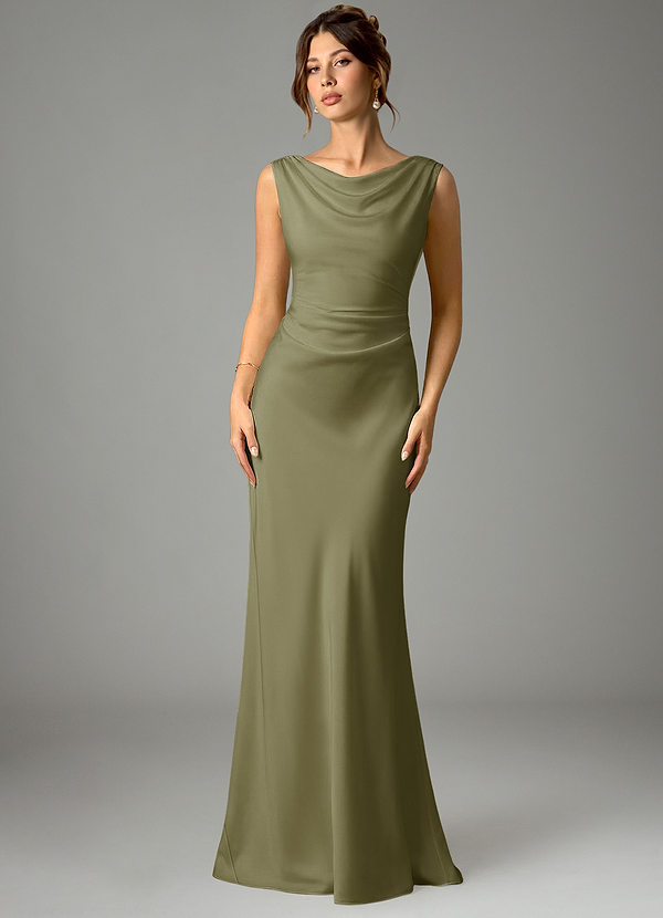 Azazie Kieryn Vestidos Dama de Honor Vestido de Pistacho de Satén Elástico de Corte Sirena con Plisado image1
