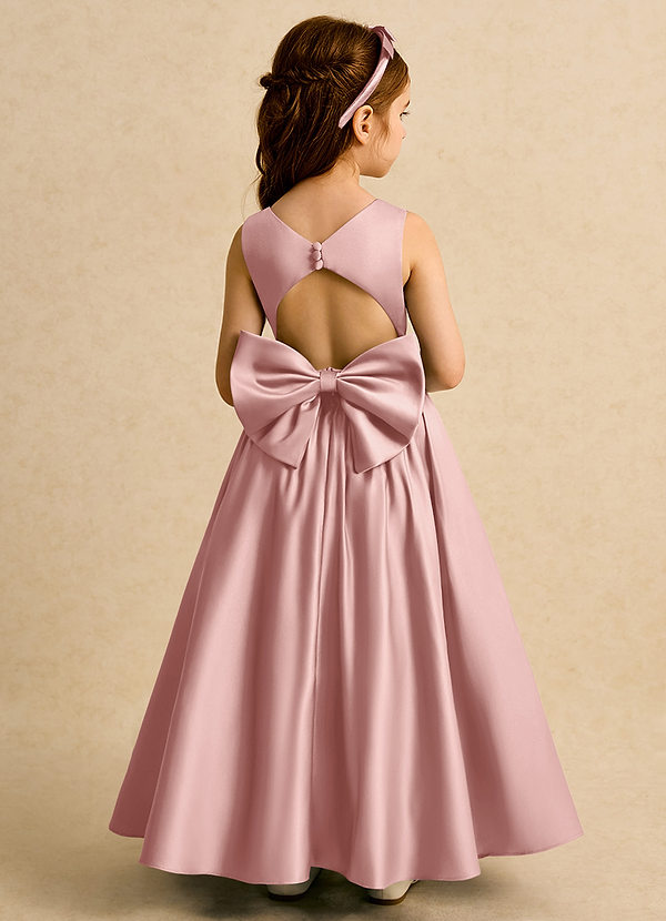 Azazie Nellia Robes de Fillette d'Honneur Robe Trapèze en Mat Satiné Arc Or Rose image1