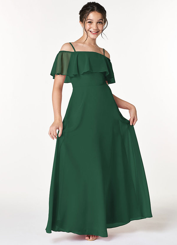 Azazie Maggie Junior Dark Green A-Line Off the Shoulder Chiffon Dress image1