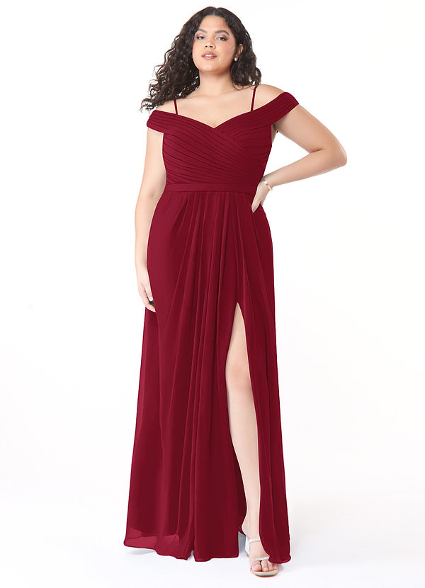 Azazie Audrianna Bridesmaid Dresses Burgundy A-Line Off-The-Shoulder Gathered Chiffon Convertible Dress image1