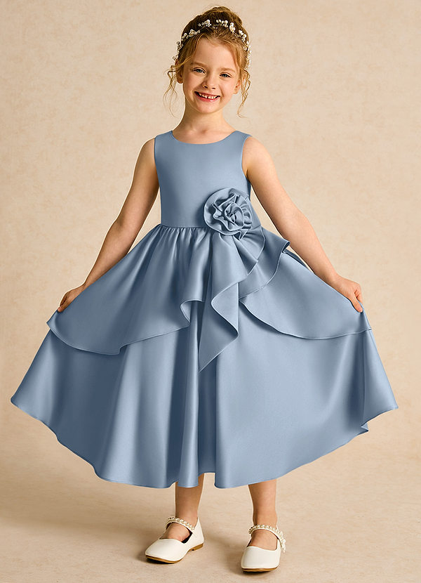 Azazie Hermia Robes de Fillette d'Honneur Robe Trapèze en Mat Satiné Sans manches Bleu Poussiéreux image1