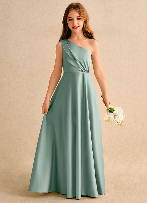 Azazie Puddles Girls Formal Robes de cortège enfant Robe Trapèze en Mat Satiné Asymétrique Sauge D'argent image1
