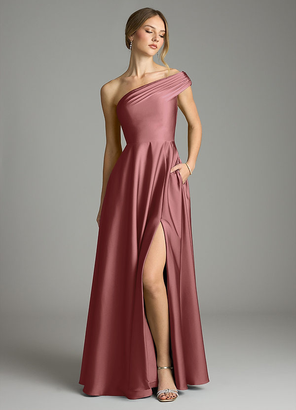 Azazie Melanie Suknie dla druhen Linia A Zza ramienia Satyna elastyczna Do ziemi Sukienka image1