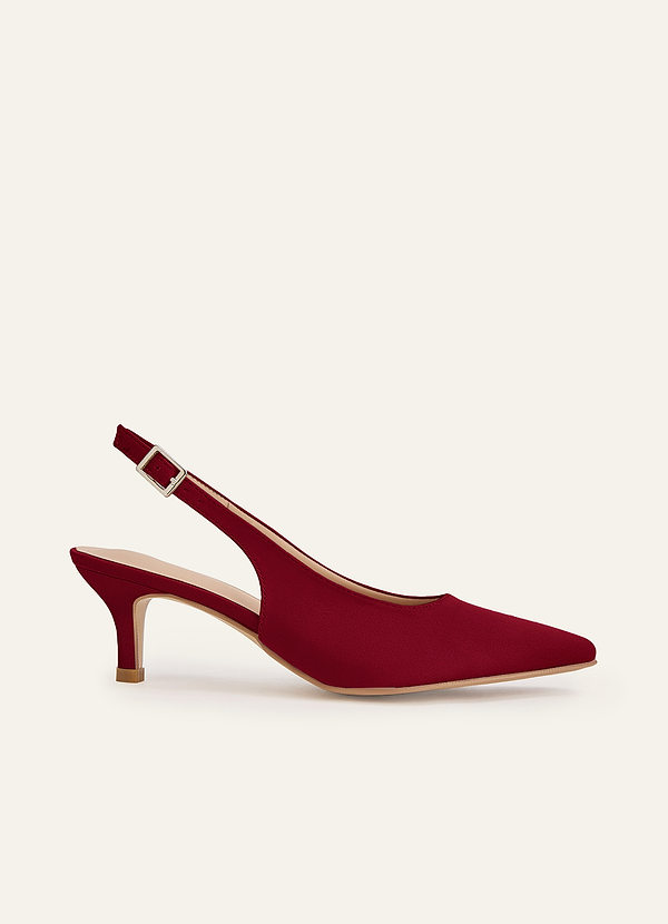 front Matching Color Matte Satin Pointed Toe Slingback Kitten Heel