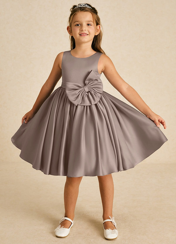 Azazie Apple Flower Girl Dresses Taupe A-Line Bow Matte Satin Dress image1