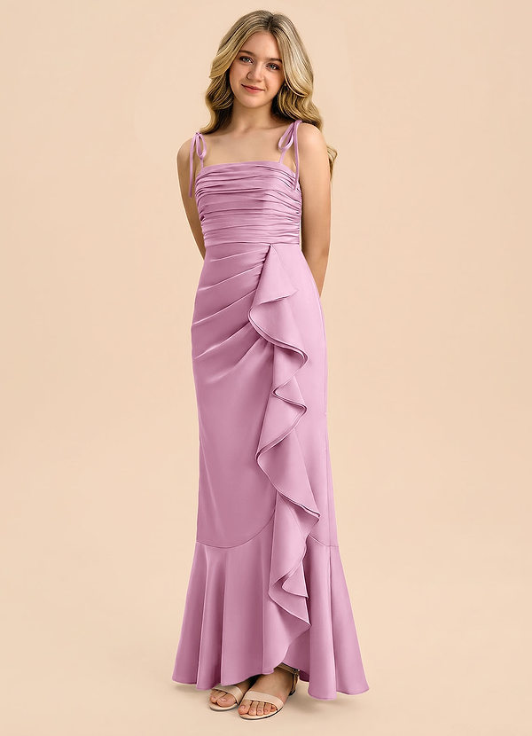 Azazie Ryan Junior Candy Pink Sheath Bow Stretch Satin Dress image1