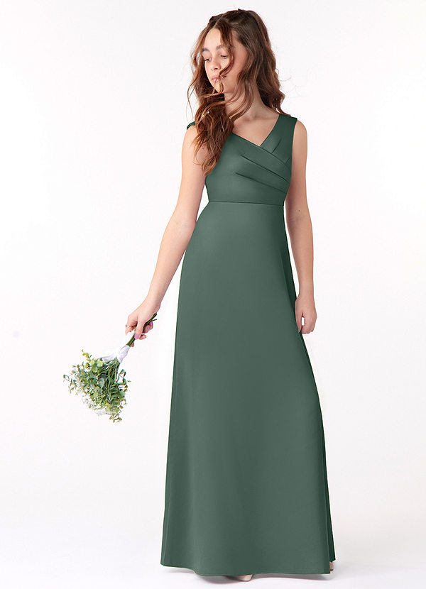 Azazie Sadia Junior Sea Moss A-Line Pleated Stretch Satin Dress image1