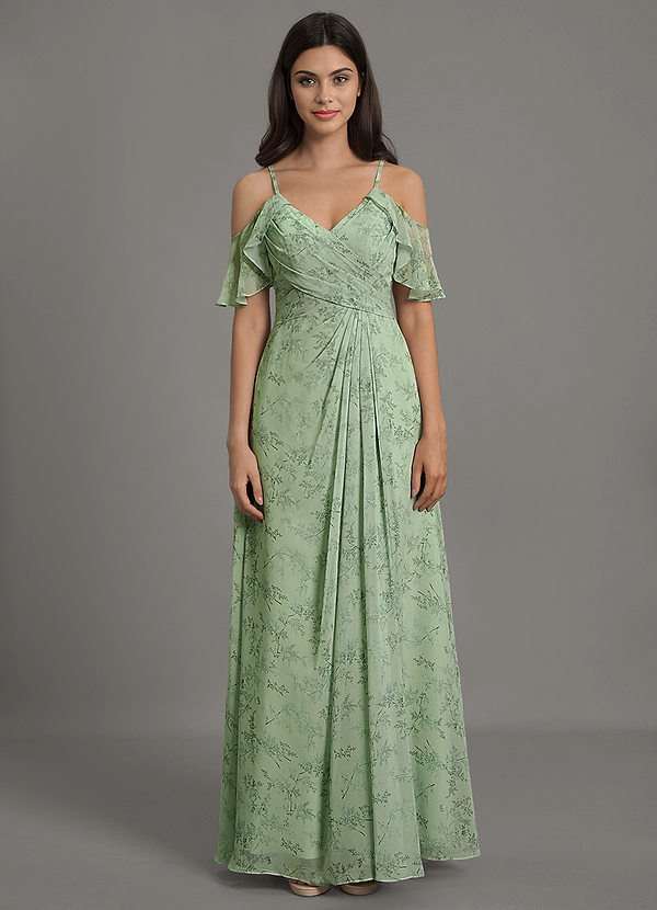 Azazie Dakota Bridesmaid Dresses Green Fern Floral A-Line V-Neck Pleated Chiffon Dress image1