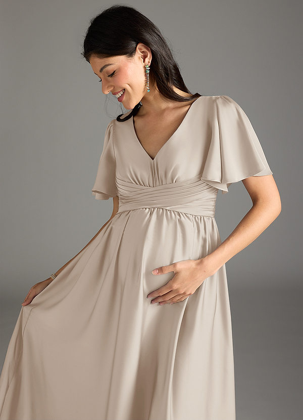 Azazie Verna Maternity Bridesmaid Dresses A-Line Ruched Stretch Satin Floor-Length Dress image1