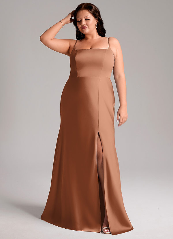 Azazie Lidia Vestidos Dama de Honor Vestido de Bronceador de Satén Elástico de Corte Sirena con Corte Lateral image1