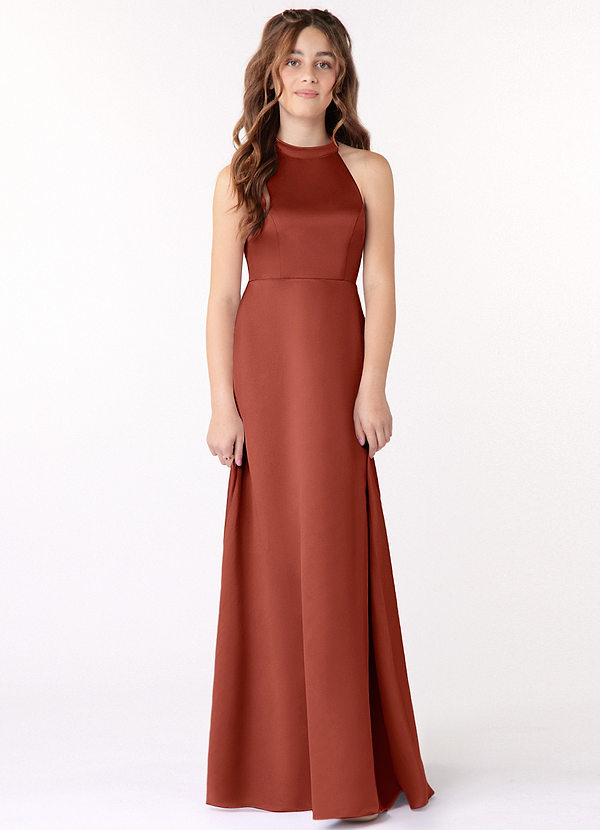 Azazie Laurel Junior Robe Trapèze en Satin extensible Terracotta image1