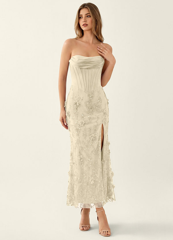 Lavinia Champagne Maxi-jurk met korset en kralenversiering en 3D-bloemen image1