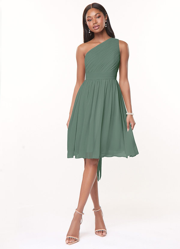 Azazie Katrina Robes Demoiselle d'honneur Robe Trapèze en Mousseline de soie Ue épaule Eucalyptus image1