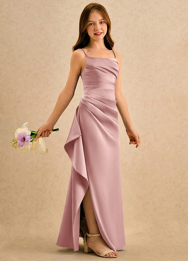 Azazie Cannoli Girls Formal Vestidos de Niña de Flores Vestido de Oro Rosa de Satin Mate de Corte en A con Plisado image1