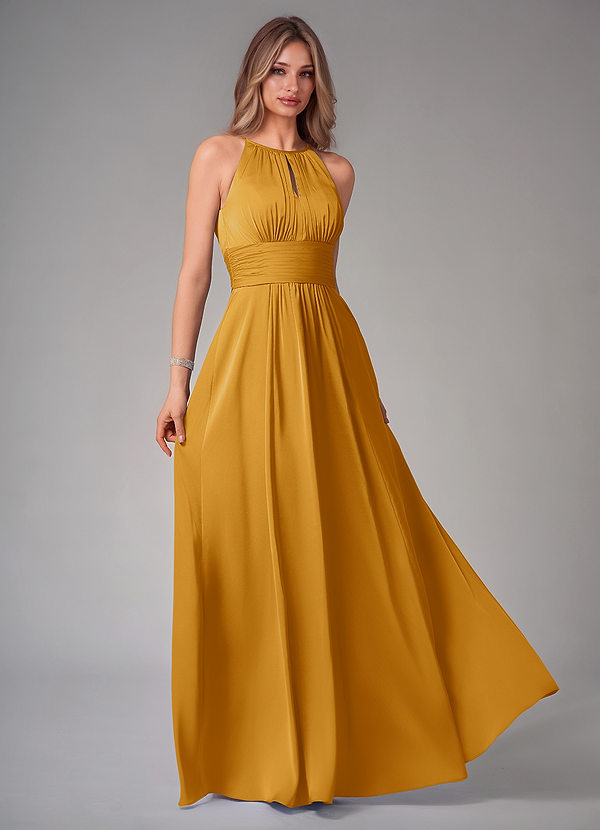Azazie Bonnie Abiti da Damigella Abito A-Line in Raso Elasticizzato Plissettato Caramello image1