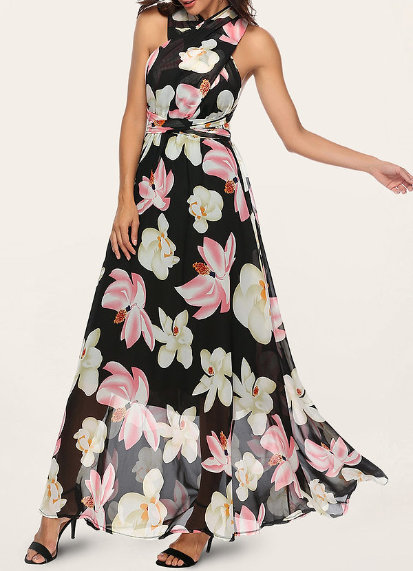 back Chérie de printemps Noir Robe longue dos nu à imprimé floral