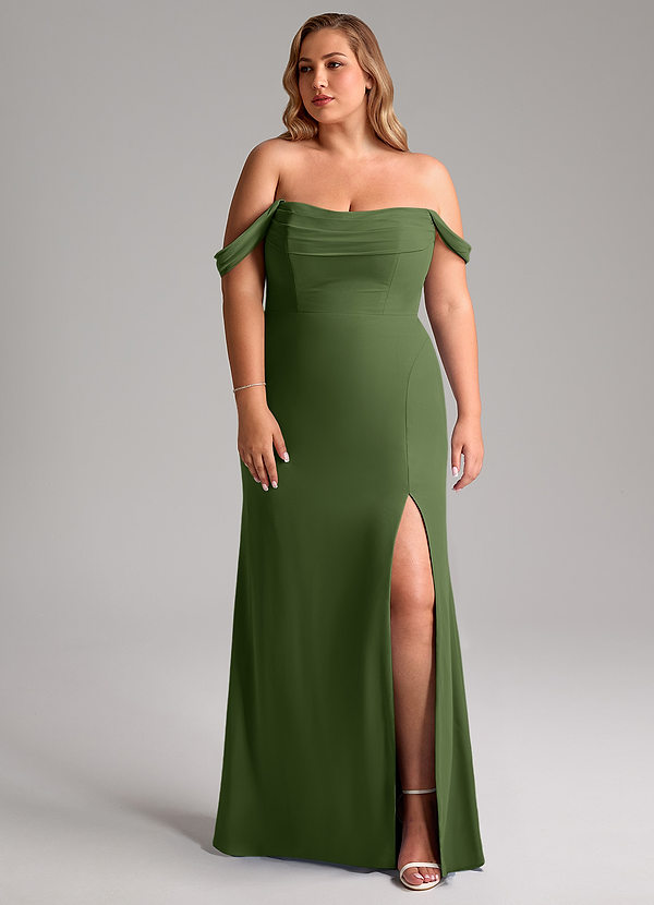 Azazie Saige Abiti da Damigella Abito Convertibile A-Line in Chiffon a Spalla Scoperta Oliva image1