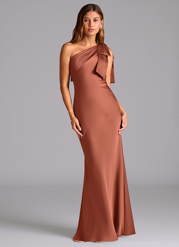 Azazie Yuanna Bridesmaid Dresses Clay Mermaid One Shoulder Stretch Satin Dress image1