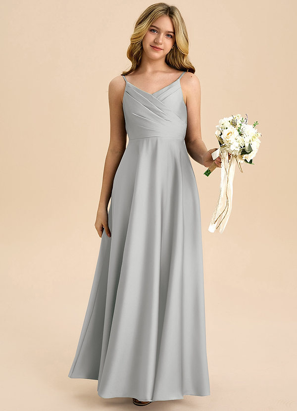 Azazie Bug Junior Robe Trapèze en Satin extensible Plissé Argent image1