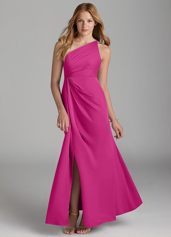 Azazie Mika Junior Robe Trapèze en Satin extensible Plissée Fuchsia image1