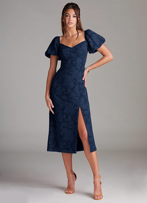 Evalina Navy Puff Sleeves Midi Dress | Azazie
