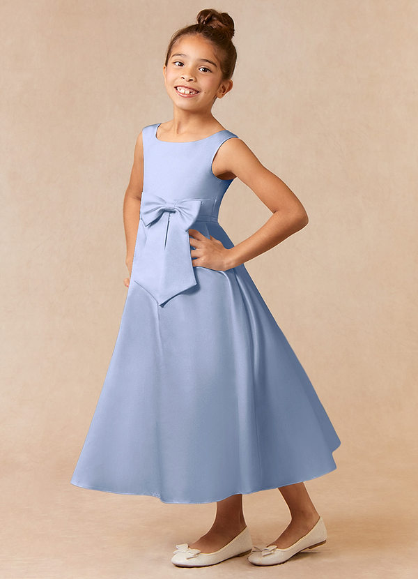 Azazie Lindy Flower Girl Dresses Ice A-Line Pleated Matte Satin Dress image1