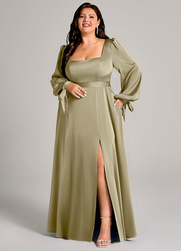 Azazie Leonia Bridesmaid Dresses Moss Green A-Line Long Sleeve Stretch Satin Dress image1
