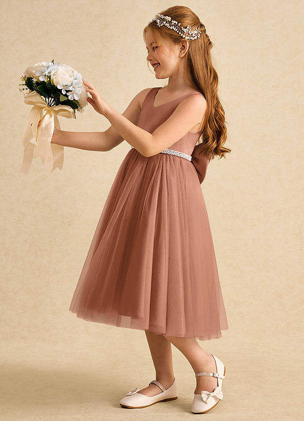 Azazie Firefly Abiti da Ragazza di Fiori Abito A-Line in Raso Opaco Fiocco Bronzo image1