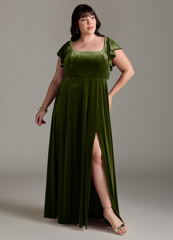 Azazie Bondi Bridesmaid Dresses Olive A-Line Side Slit Velvet Dress image1