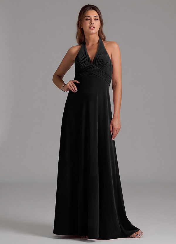 Azazie Tessie Vestidos Dama de Honor Vestido de Negro de terciopelo de Corte en A con Plisado image1