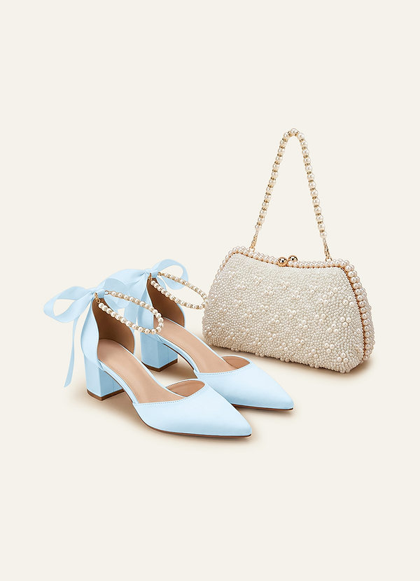 front Matching Color Matte Satin Pearl and Bow Pointed Toe Block Heels & Beaded Clutch Set