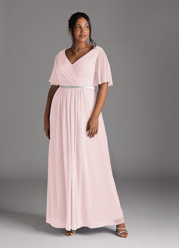 Azazie Tricia Vestidos de Madre de la Novia Vestido de Rosa Rubor de Gasa de Corte en A con Cuello en V Plisado image1