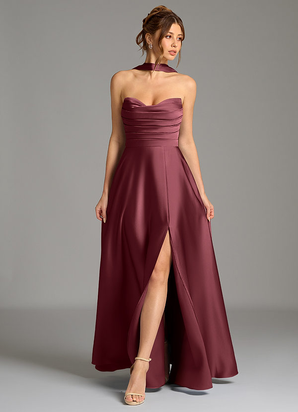 Azazie Ayla Vestidos de dama de honor Vestido Merlot de Satén Elástico de Línea A con Corsé image1