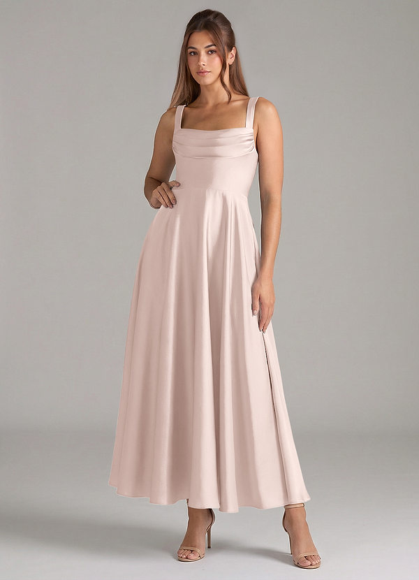 Azazie Shaude 신부 들러리 드레스 A라인 주름진 스트레치 새틴 발목 길이 드레스 image1