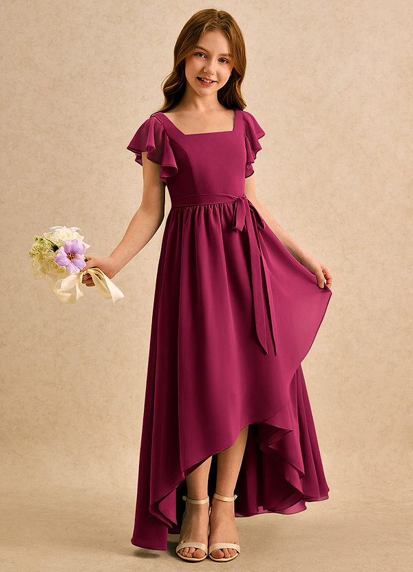 Azazie Milly Girls Formal Robes de cortège enfant Robe Trapèze en Mousseline de soie Plissé Bourgogne image1