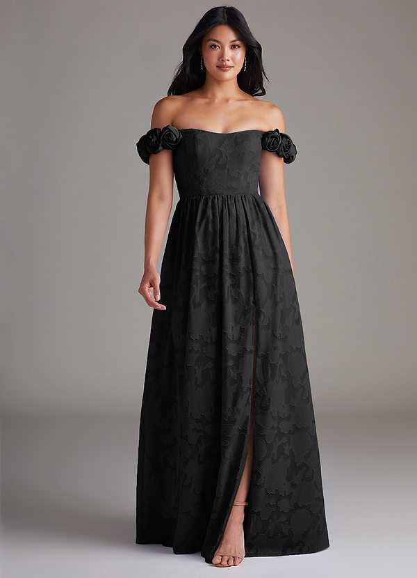 Azazie Autumn Robes Demoiselle d'honneur Robe Trapèze Convertible en Blumen-Burnout Épaule décolletée Noir image1