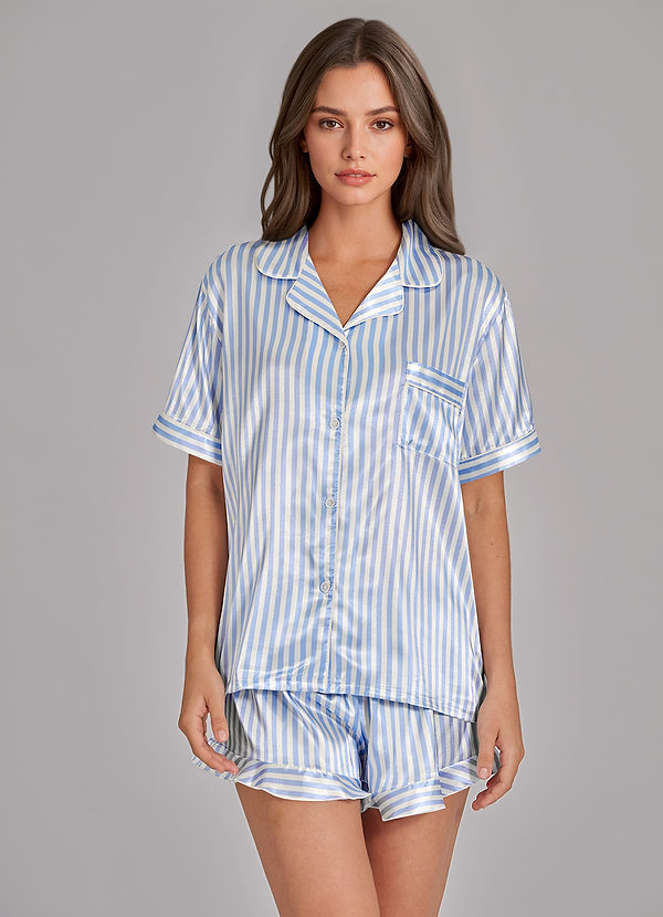 front Pyjama-Set aus Satin mit Streifen und Paspelierung und Shorts mit Rüschen