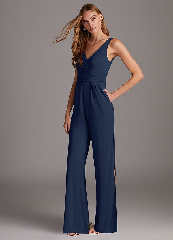 Azazie Ida Bridesmaid Dresses Dark Navy Pleated Stretch Chiffon Jumpsuit image1