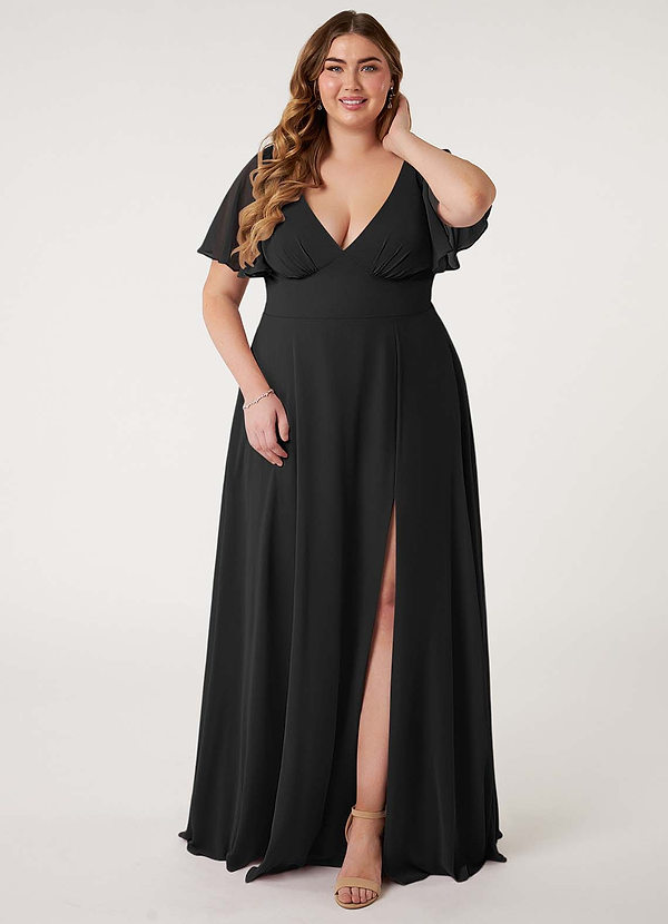 Azazie Kimber Bridesmaid Dresses Black A-Line Flounce Sleeve Chiffon Dress image1