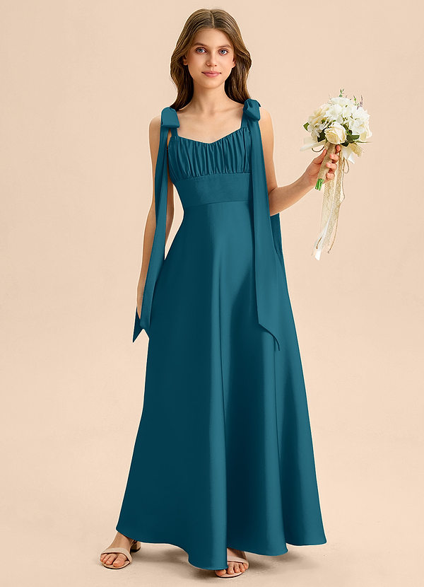 Azazie Halley Junior Jurk van Stretch Satijn met A-Lijn Boog Inkt Blauw image1