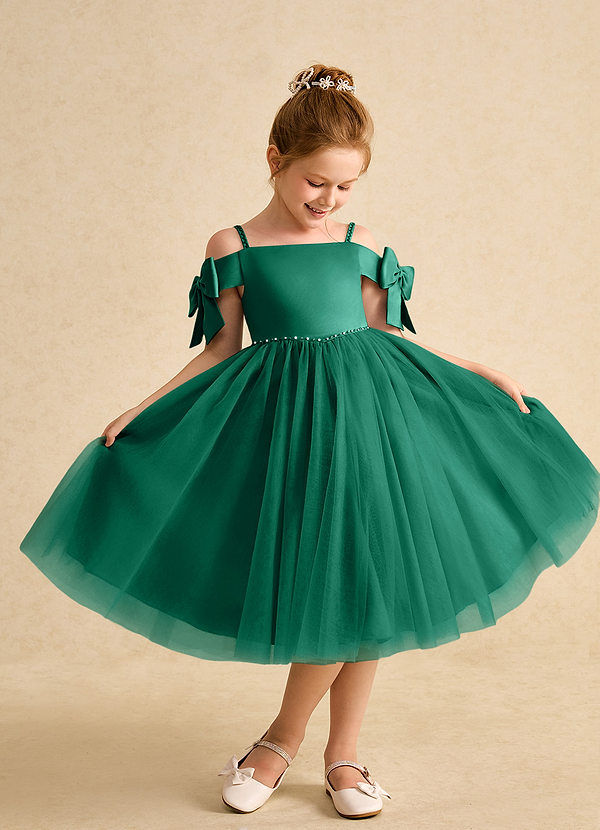 Azazie Amie Flower Girl Dresses Emerald A-Line Off the Shoulder Matte Satin Dress image1