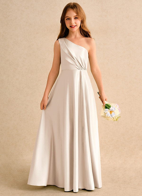 Azazie Puddles Junior Formal Bloemenmeisjes Jurken A-Lijn Jurk van Mat Satijn One-Shoulder Wit Albast image1