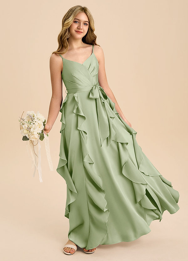 Azazie Peyton Junior A라인 주름진 스트레치 새틴 플로어 길이 주니어 신부 들러리 드레스 image1