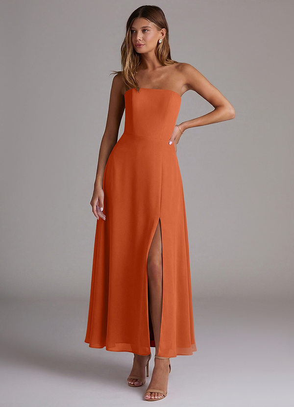 Azazie Wren Bridesmaid Dresses Vestido Laranja Queimada de Chiffon de Linha A com Sem alças image1