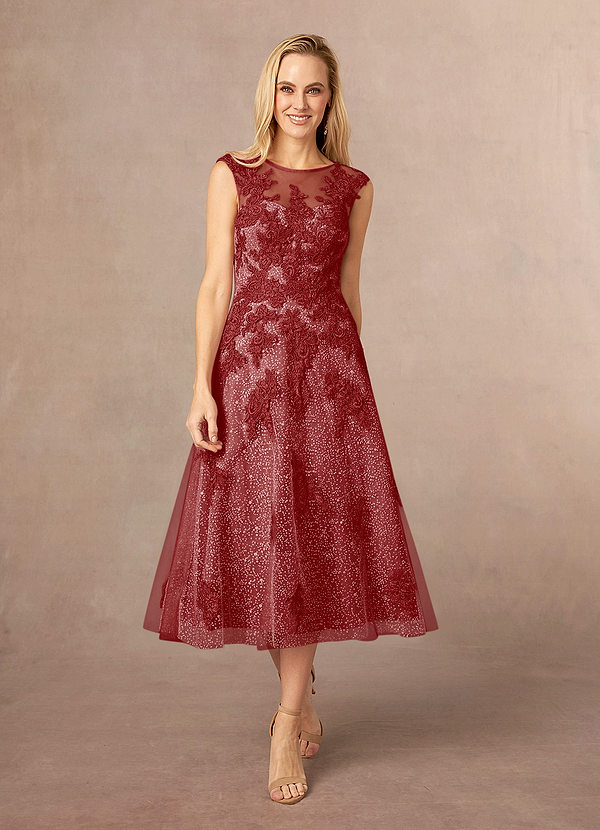 Azazie Flynn Mother of the Brides Dresses Rust A-Line Boatneck Lace Tulle Dress image1