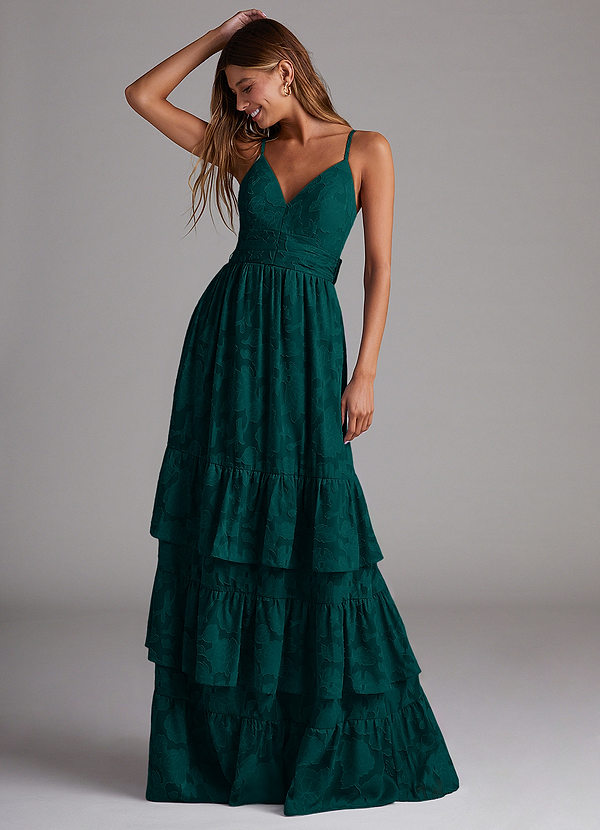 Azazie Nathalia Bridesmaid Dresses Pine A-Line Bow Floral Burnout Dress image1