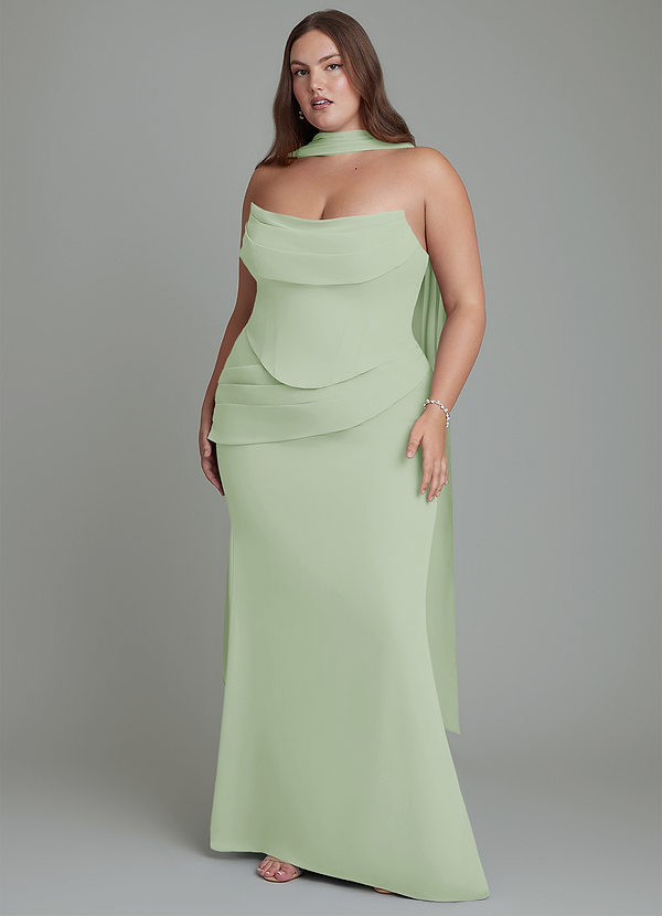 Azazie Sorrel Vestidos de dama de honor Vestido Salvia Polvorienta de Gasa de Corte Sirena con Corsé image1