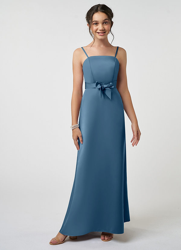 Azazie Anina Junior A-Linie Schleifen Matt Satin Kleid Bermudablau image1