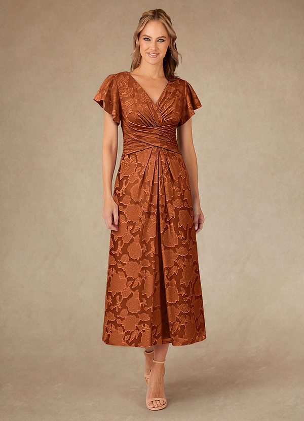 Azazie Vera Mother of the Brides Dresses Burnt Orange A-Line Pleated Floral Burnout Dress image1