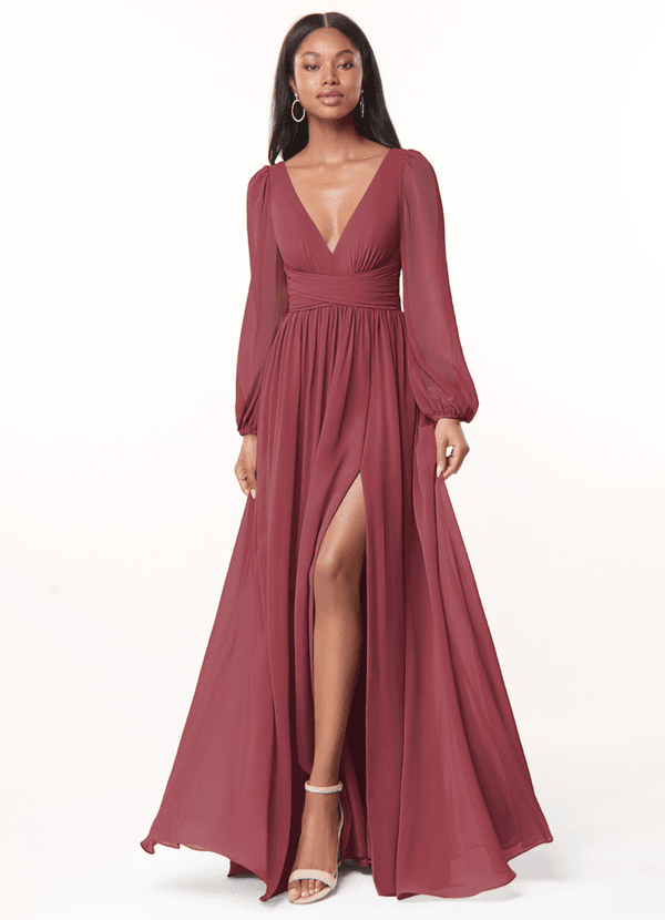 Azazie Norah Bridesmaid Dresses Merlot A-Line V-Neck Long Sleeve Chiffon Dress image1